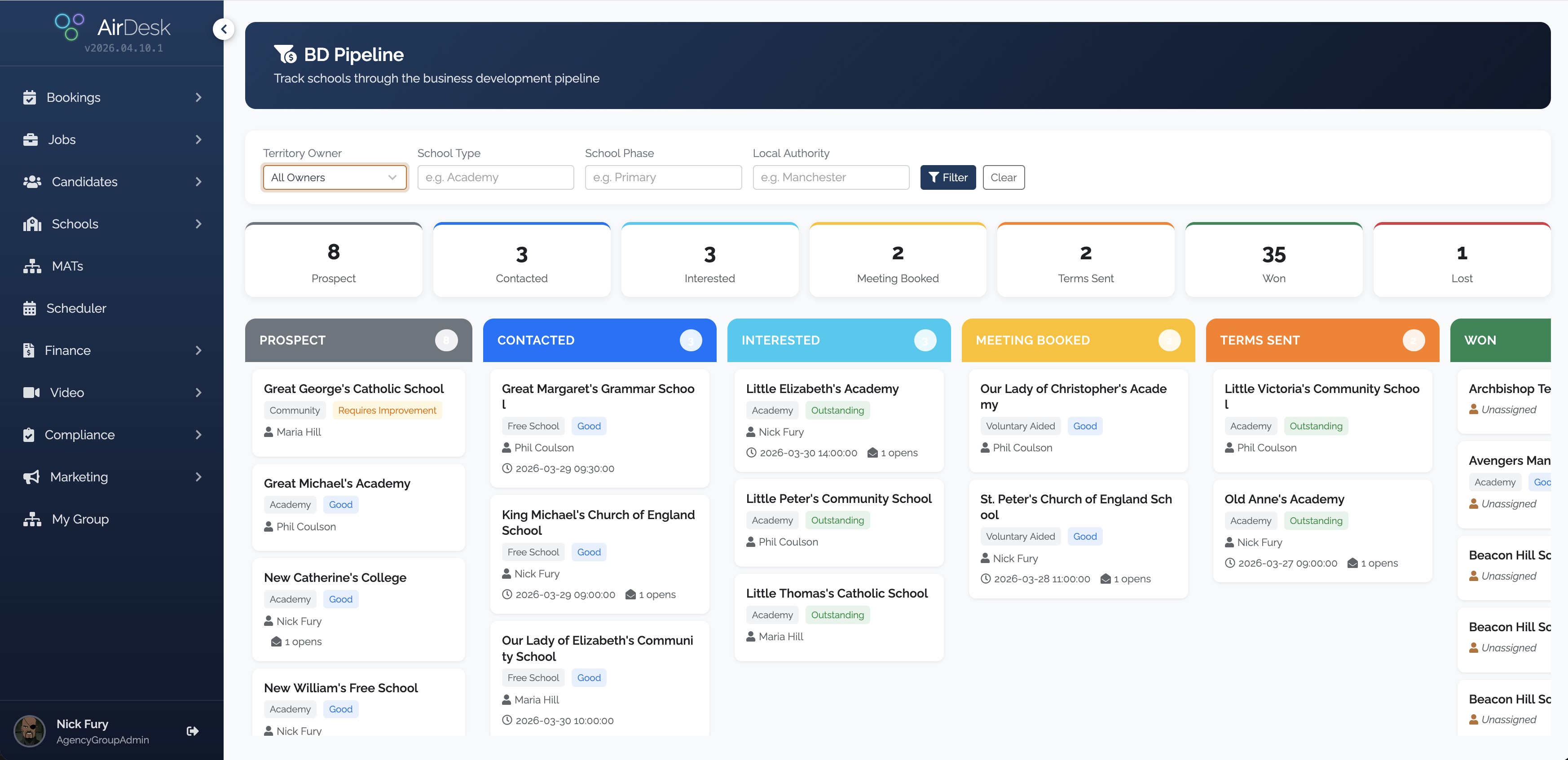 AirDesk AI Business Development pipeline — Kanban board tracking schools from Prospect to Won with territory management and AI-personalised outreach